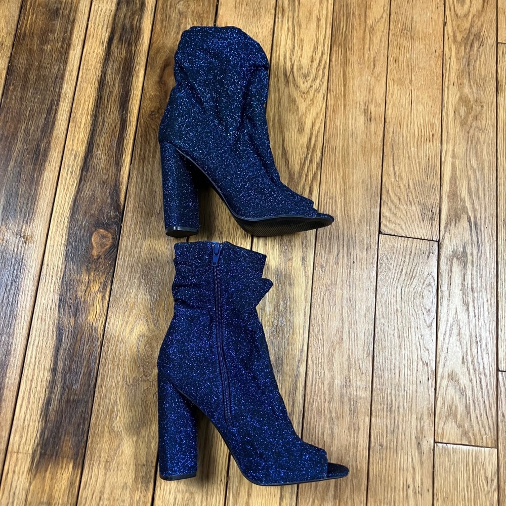 Blue Glitter Peep Toe Slouchy Block Heel Ankle Boots Size‎ 8.5
